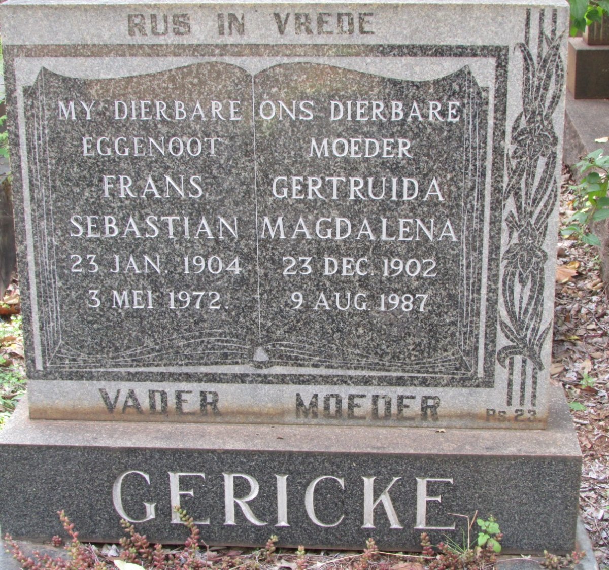 GERICKE Frans Sebastian 1904-1972 &amp; Gertruida Magdalena 1902-1987