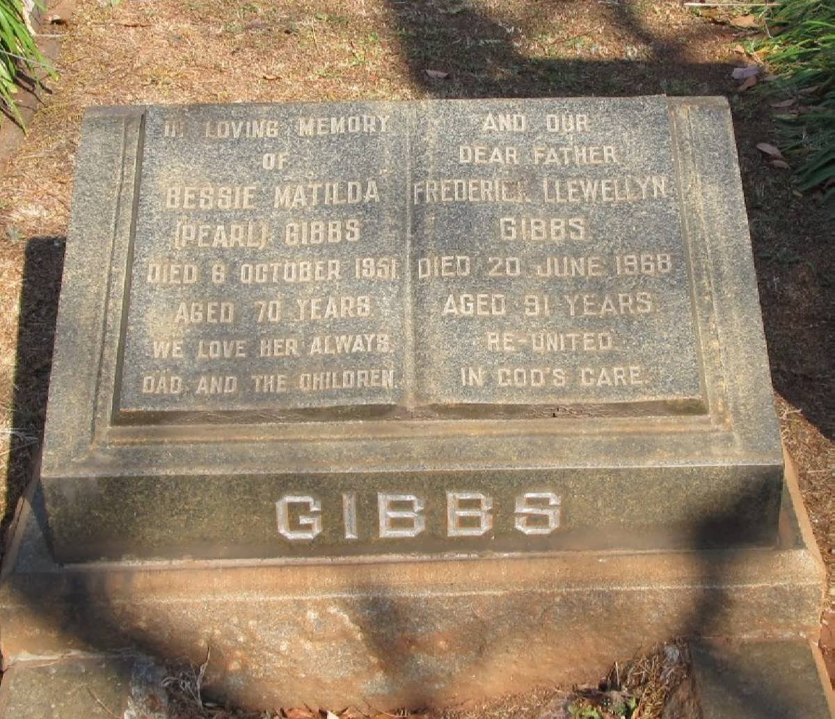 GIBBS Frederick Llewellyn -1968 &amp; Bessie Matilda -1951