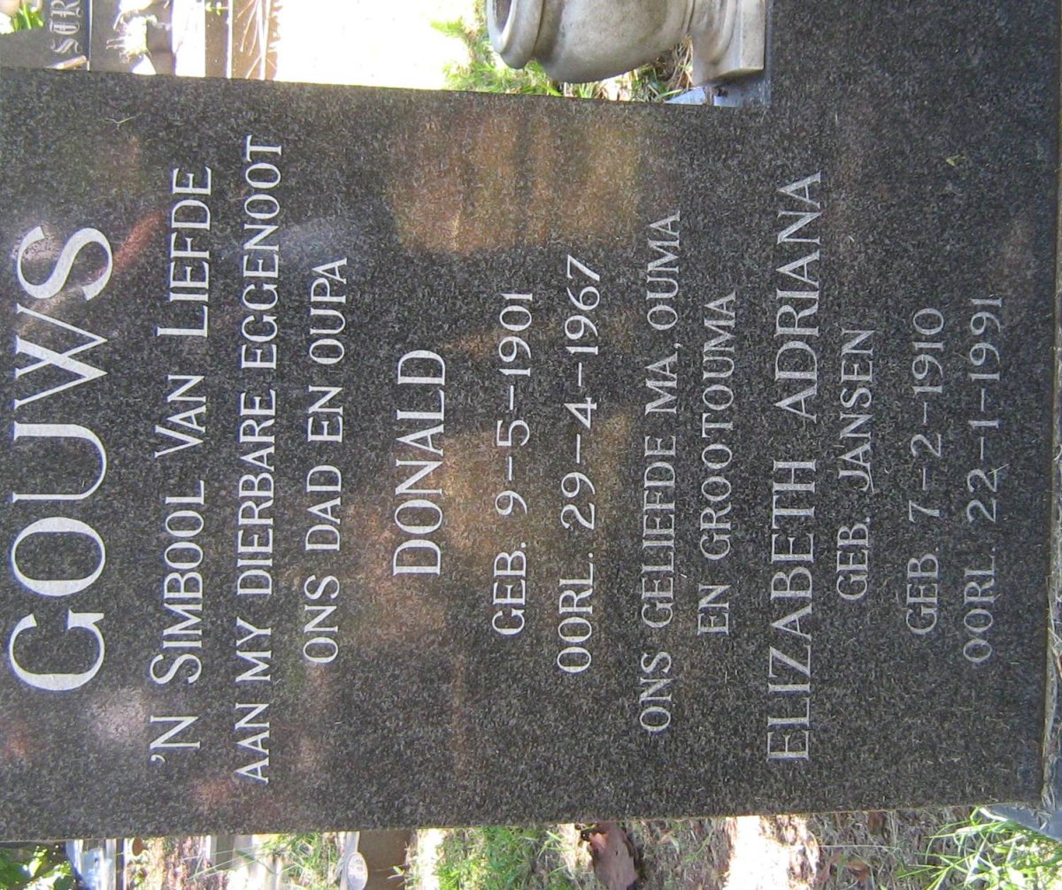 GOUWS Donald 1901-1967 &amp; Elizabeth Adriana JANSEN 1910-1991