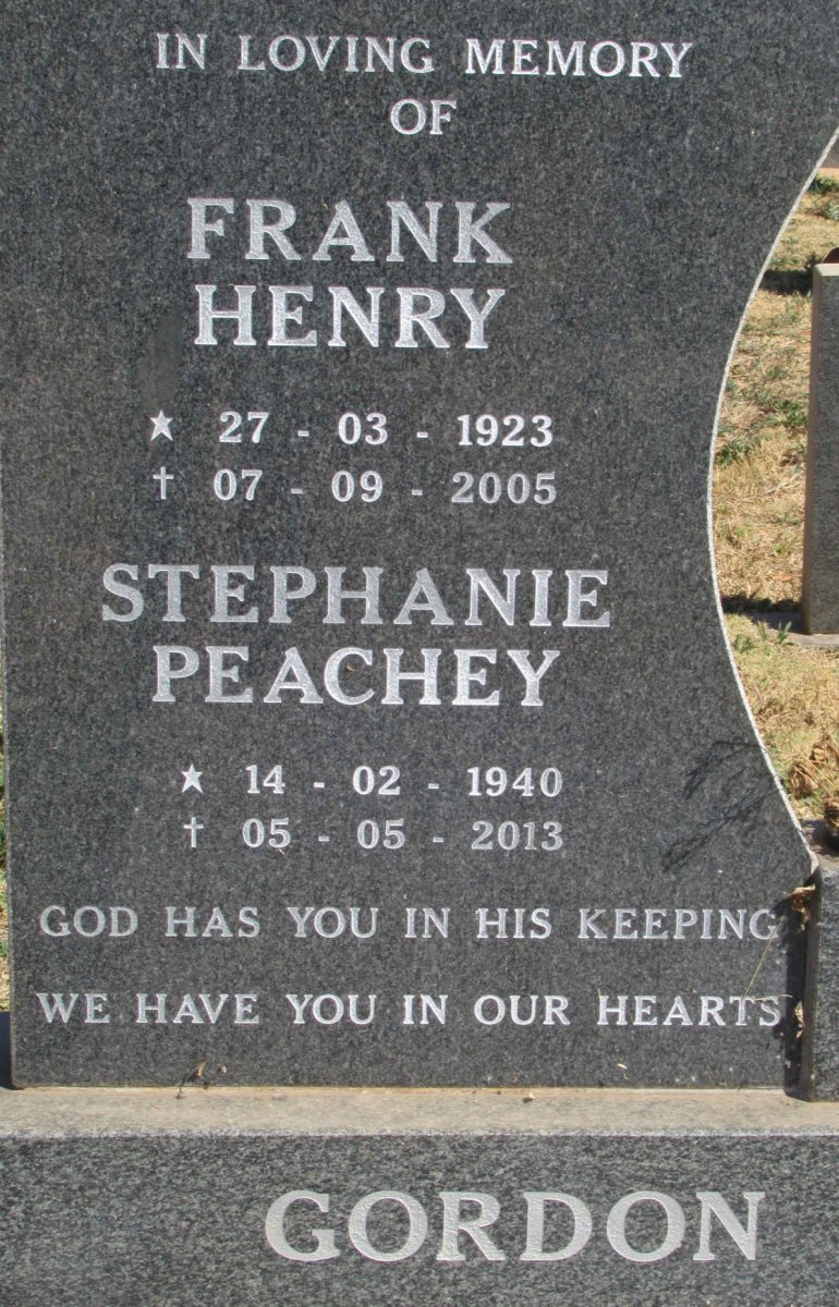 GORDON Frank Henry 1923-2005 &amp; Stephanie Peachey 1940-2013