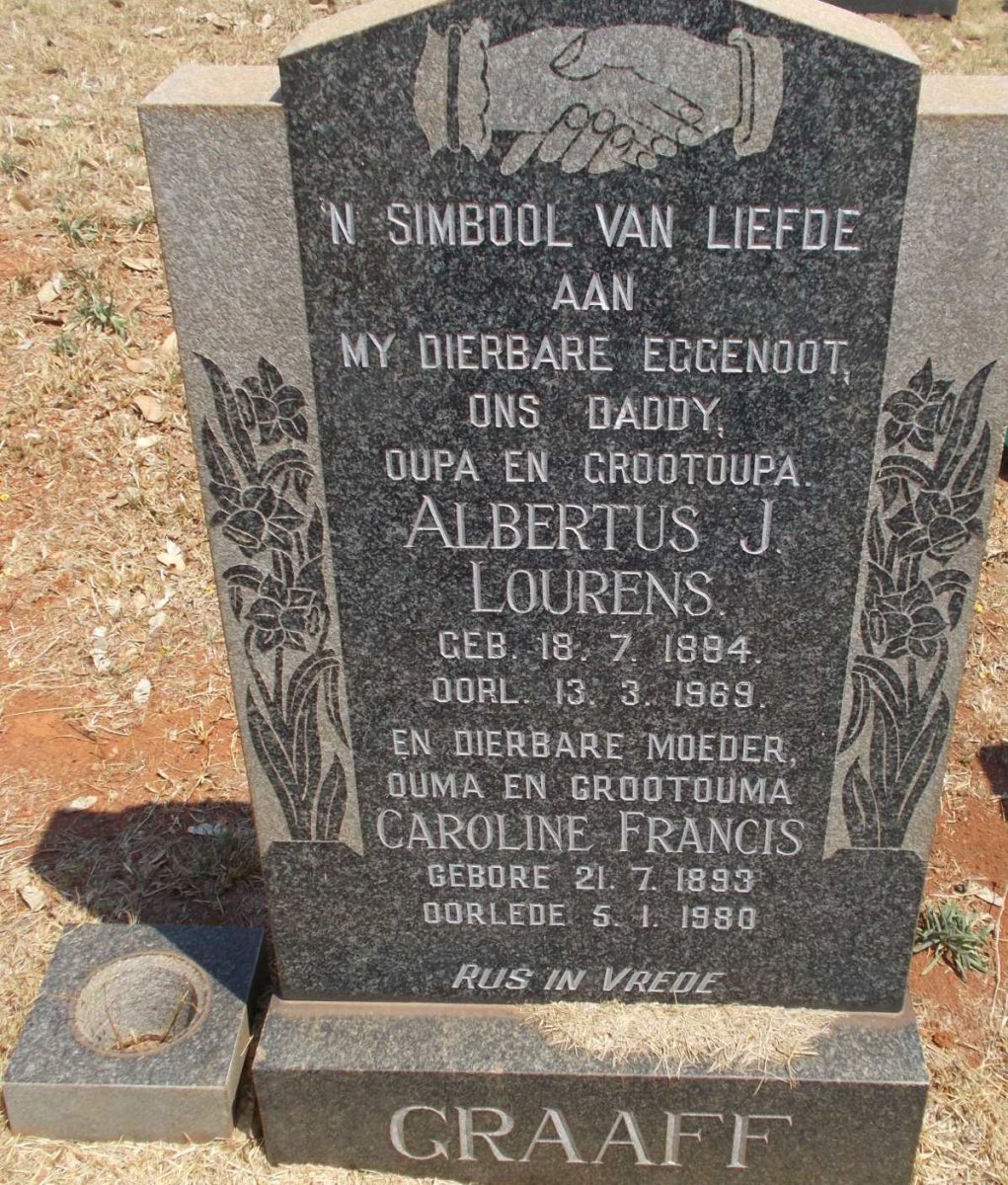 GRAAFF Albertus J. Lourens 1894-1969 &amp; Caroline Francis 1893-1980