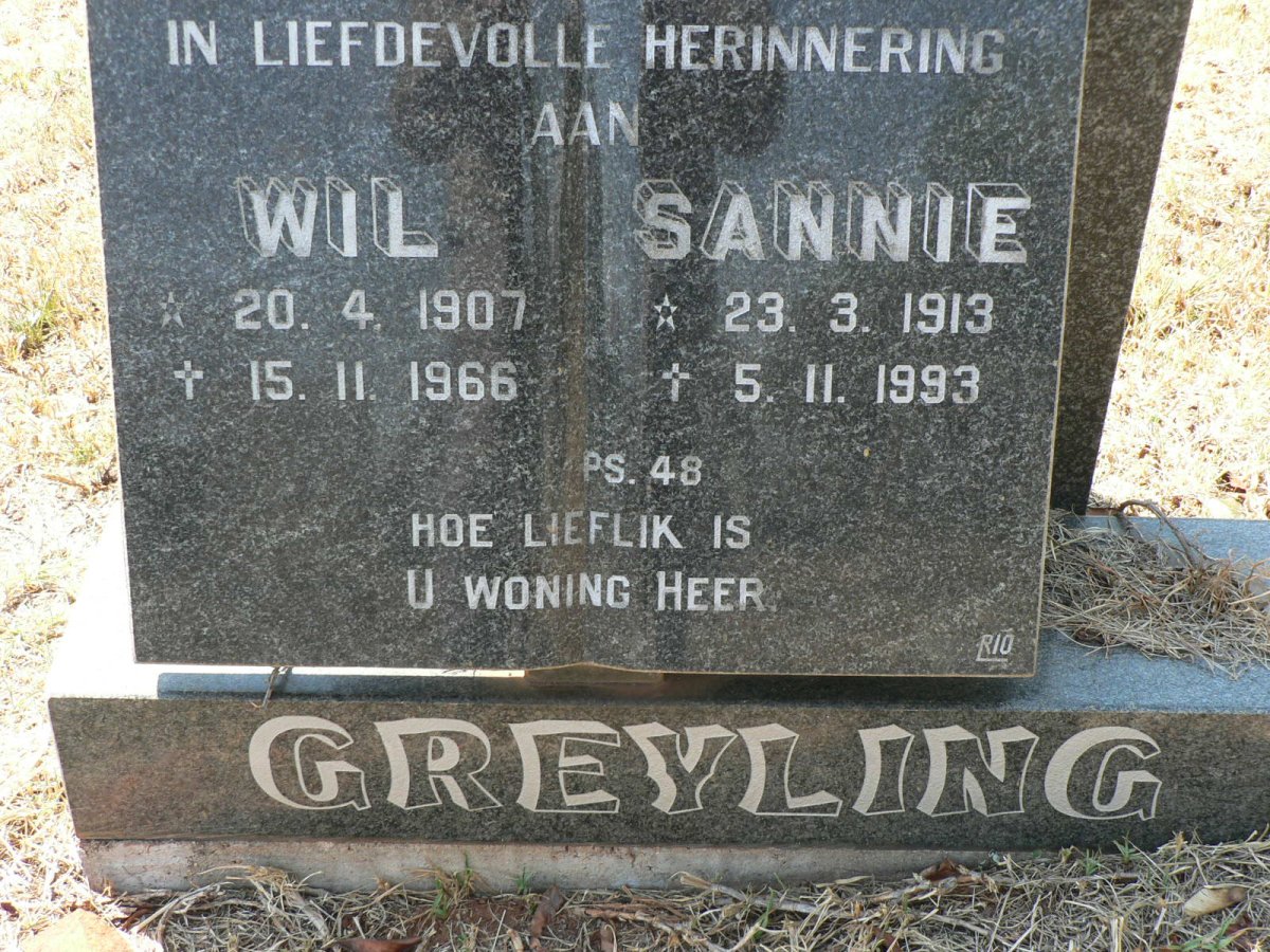 GREYLING Wil 1907-1966 &amp; Sannie 1913-1993
