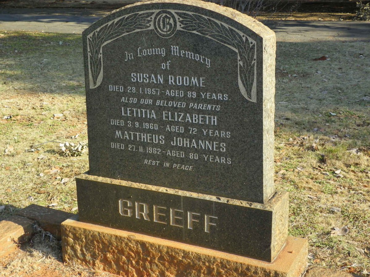 GREEFF Mattheus Johannes -1962 &amp; Letitia Elizabeth -1960 :: ROOME Susan -1957