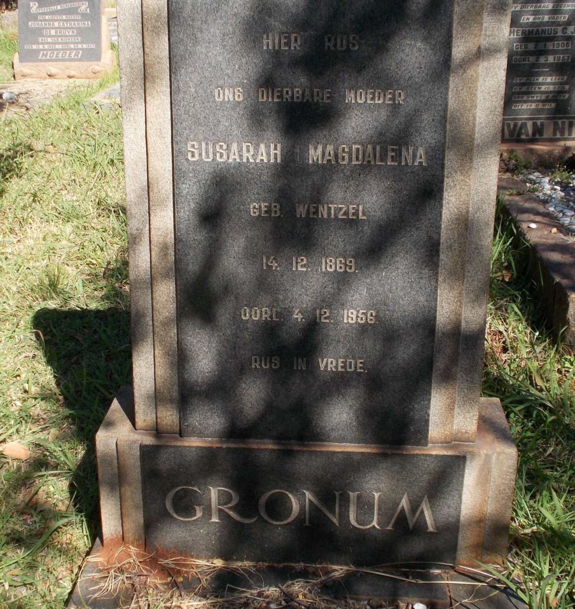 GRONUM Susarah Magdalena nee WENTZEL 1869-1956