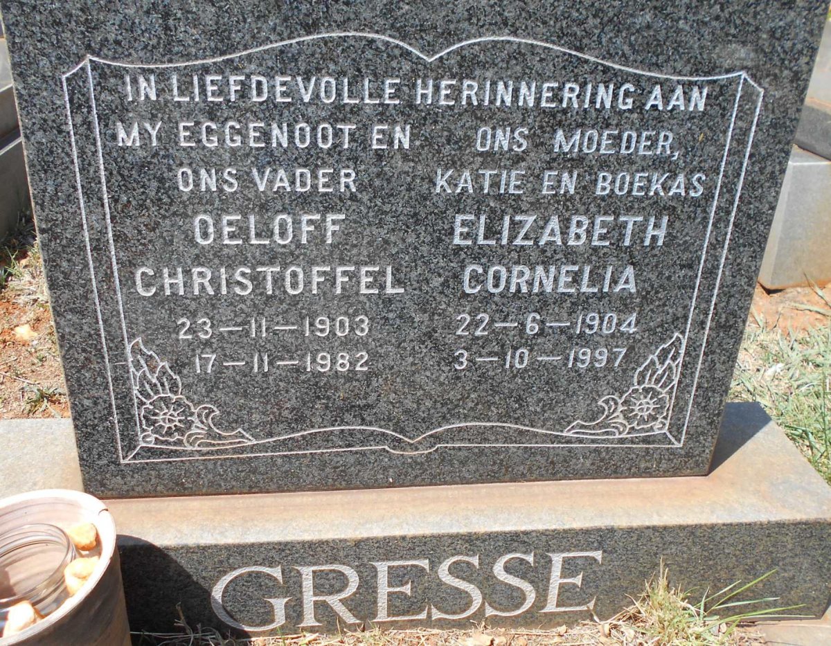 GRESSE Oeloff Christoffel 1903-1982 &amp; Elizabeth Cornelia 1904-1997