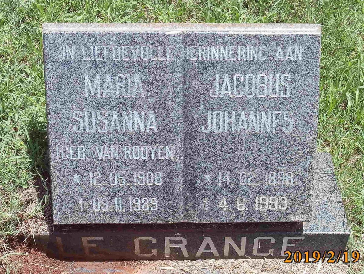 GRANGE Jacobus Johannes, le 1898-1993 &amp; Maria Susanna VAN ROOYEN 1908-1989