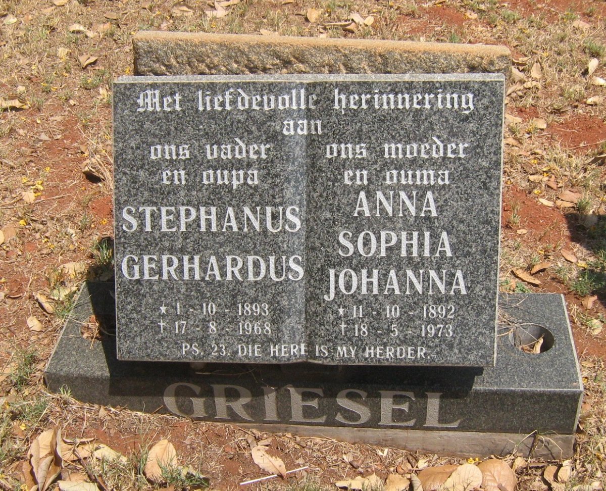 GRIESEL Stephanus Gerhardus 1893-1968 &amp; Anna Sophia Johanna 1892-1973
