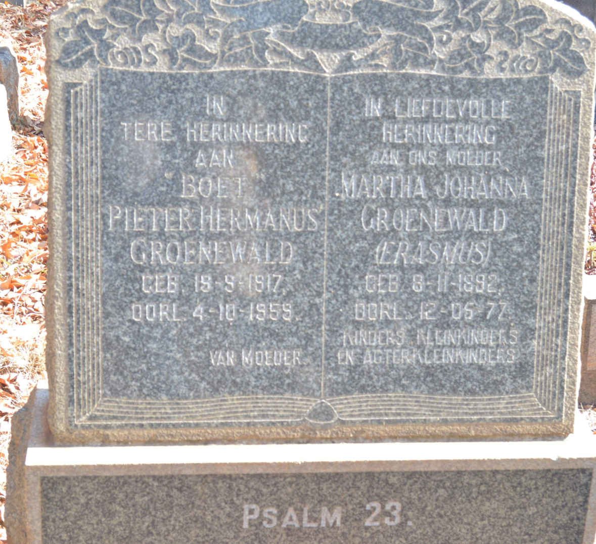 GROENEWALD Pieter Hermanus 1917-1959 &amp; Martha Johanna ERASMUS 1892-1977