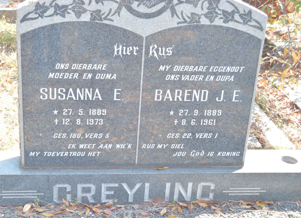 GREYLING Barend J.E. 1889-1961 &amp; Susanna E. 1889-1973