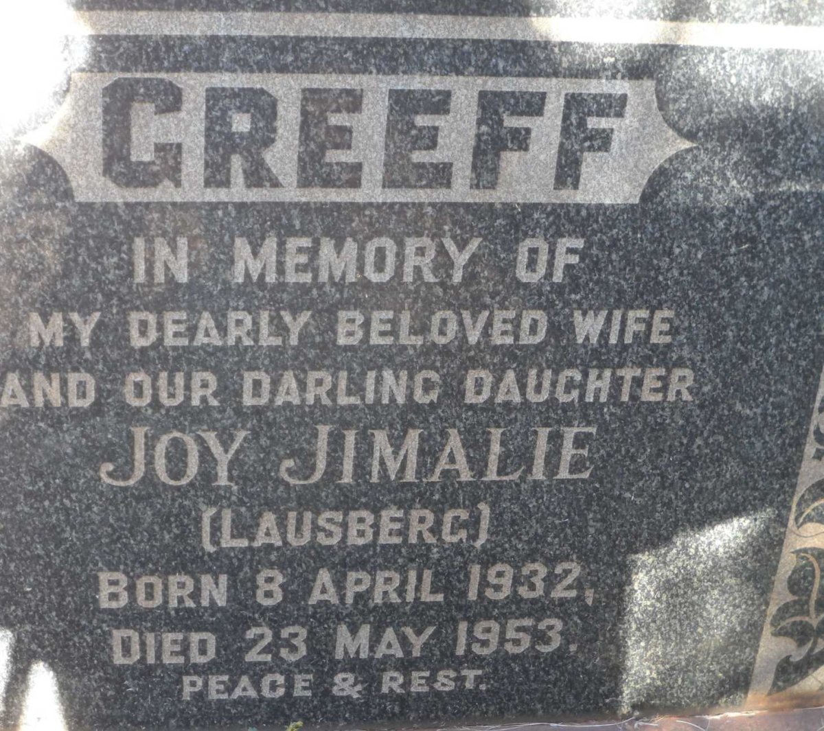 GREEFF Joy Jimalie nee LAUSBERG 1932-1953