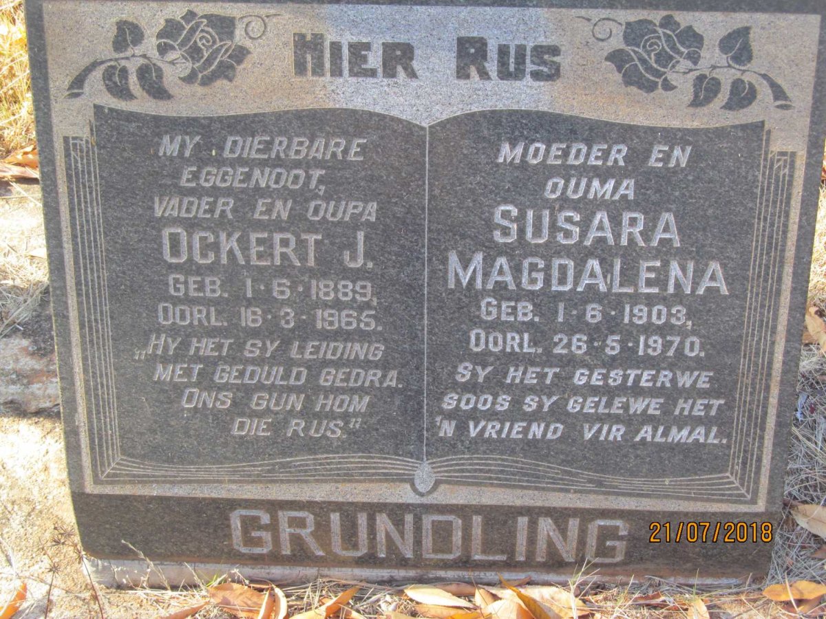 GRUNDLING Ockert J. 1889-1965 &amp; Susara Magdalena 1903-1970