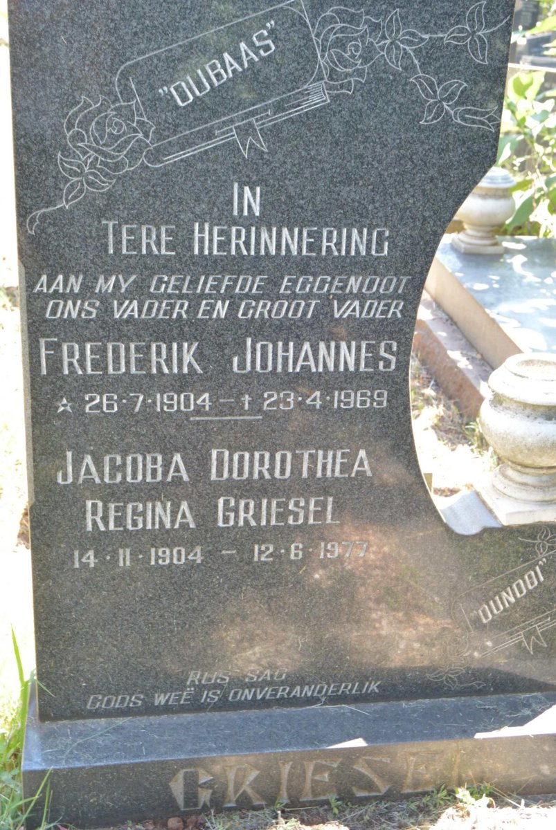 GRIESEL Frederik Johannes 1904-1969 &amp; Jacoba Dorothea Regina 1904-1977