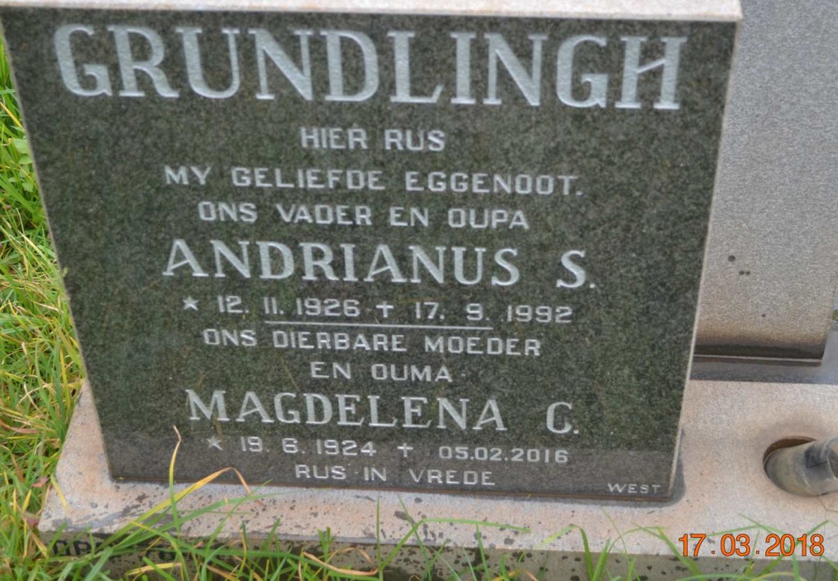 GRUNDLINGH Andrianus S. 1926-1992 &amp; Magdelena C. 1924-2016