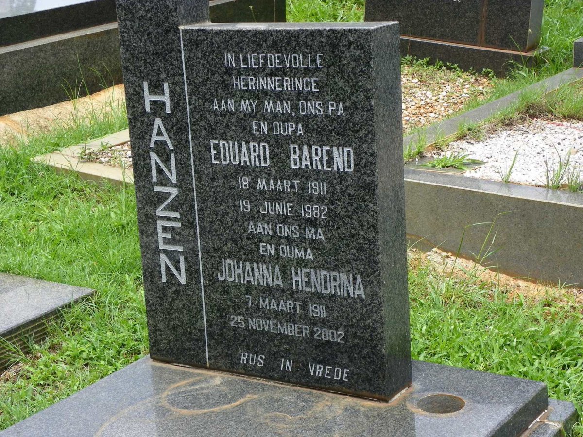 HANZEN Eduard Barend 1911-1982 &amp; Johanna Hendrina 1911-2002