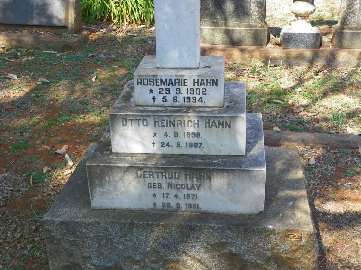 HAHN Gertrud nee NICOLAY 1871-1951 :: HAHN Otto Heinrich 1898-1987 :: HAHN Rosemarie 1902-1994