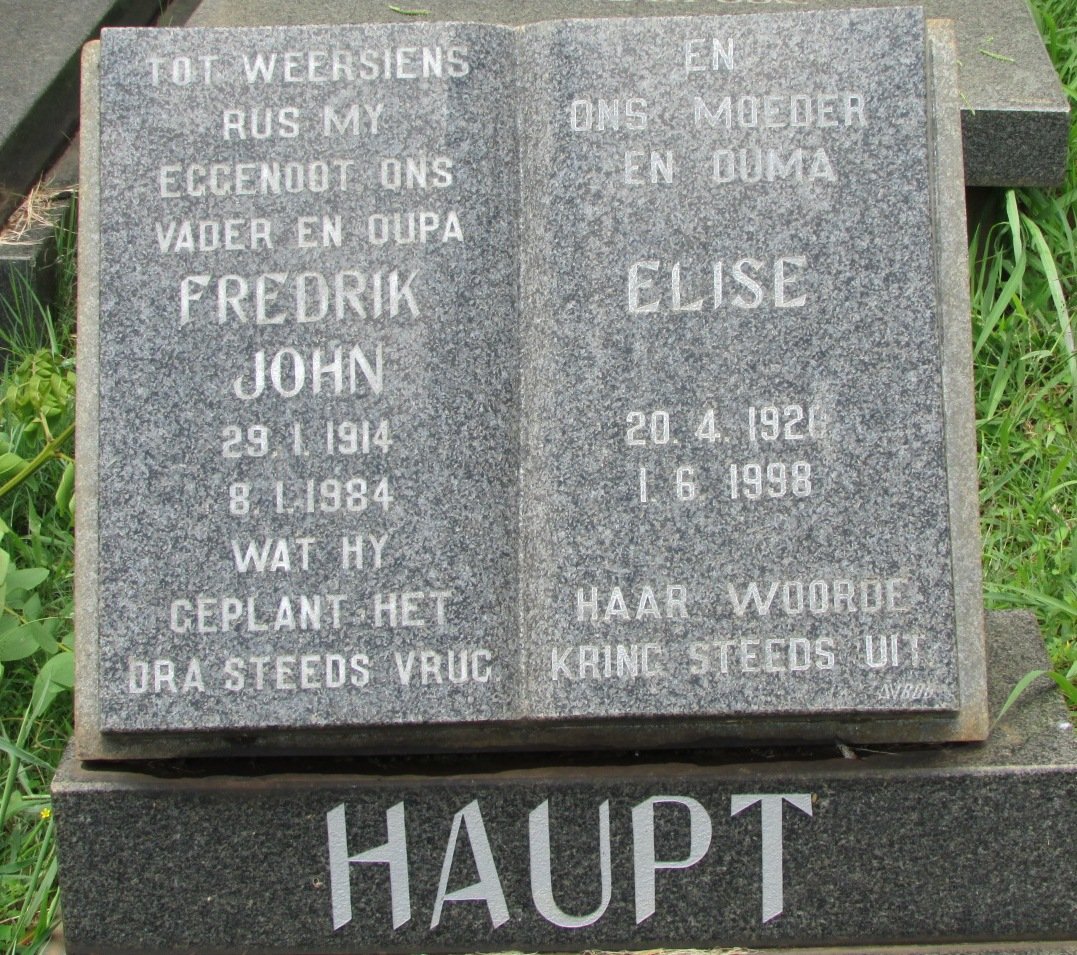 HAUPT Fredrik John 1914-1984 &amp; Elise 192?-1998