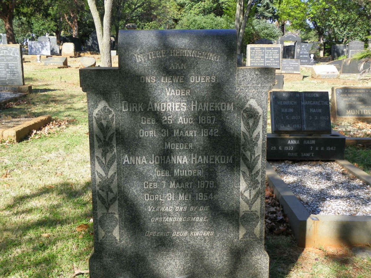 HANEKOM Dirk Andries 1867-1942 &amp; Anna Johanna MULDER 1879-1954