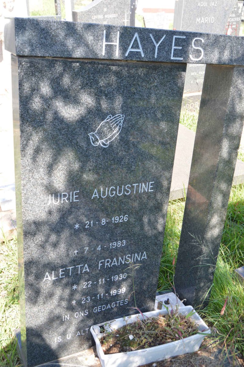 HAYES Jurie Augustine 1926-1983 &amp; Aletta Fransina 1930-1999