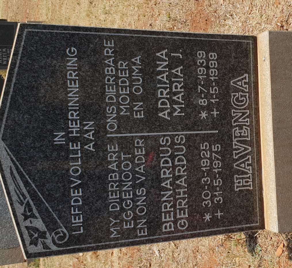 HAVENGA Bernardus Gerhardus 1925-1975 &amp; Adriana Maria J. 1939-1999