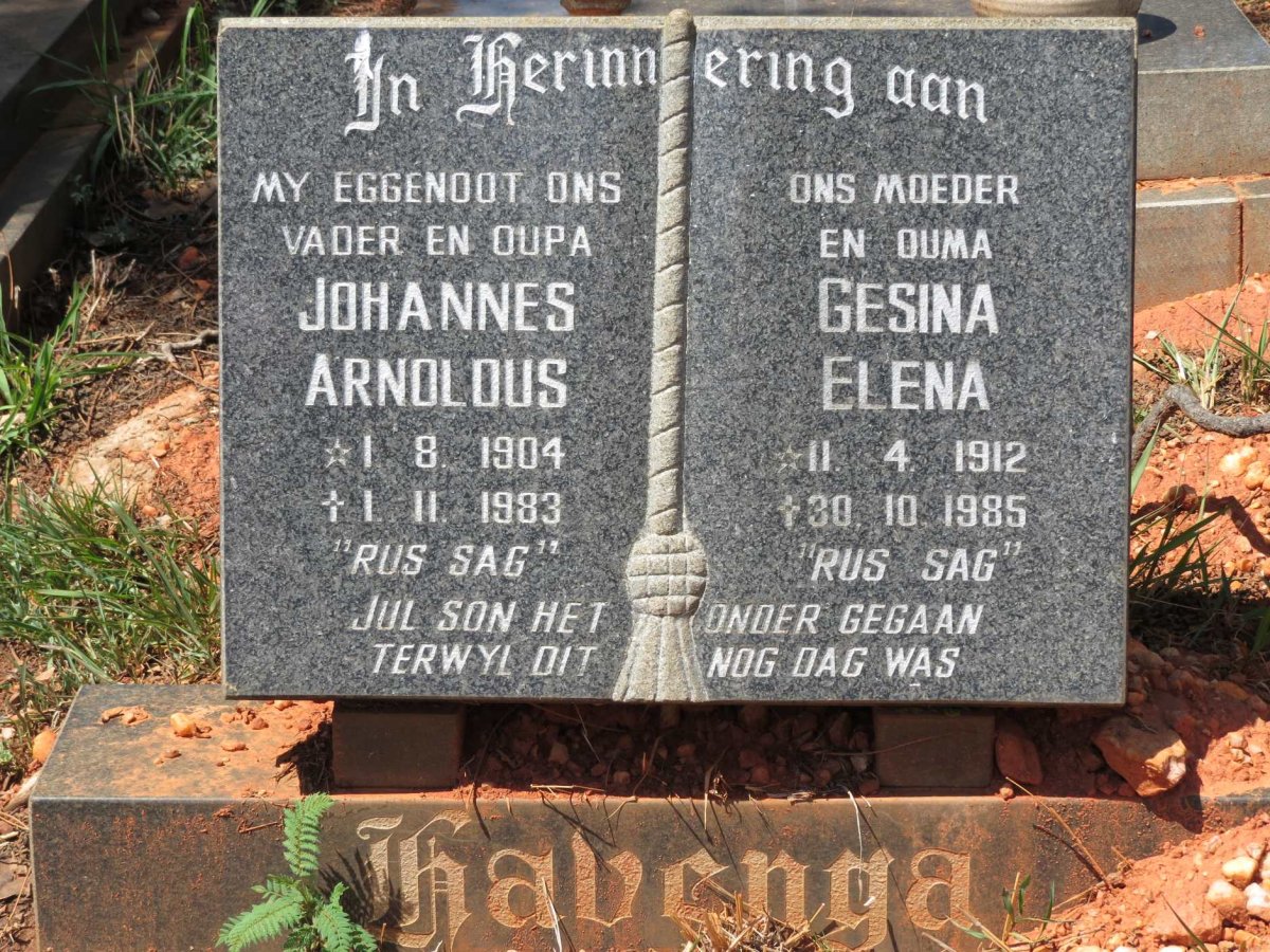 HAVENGA Johannes Arnoldus 1904-1983 &amp; Gesina Elena 1912-1985