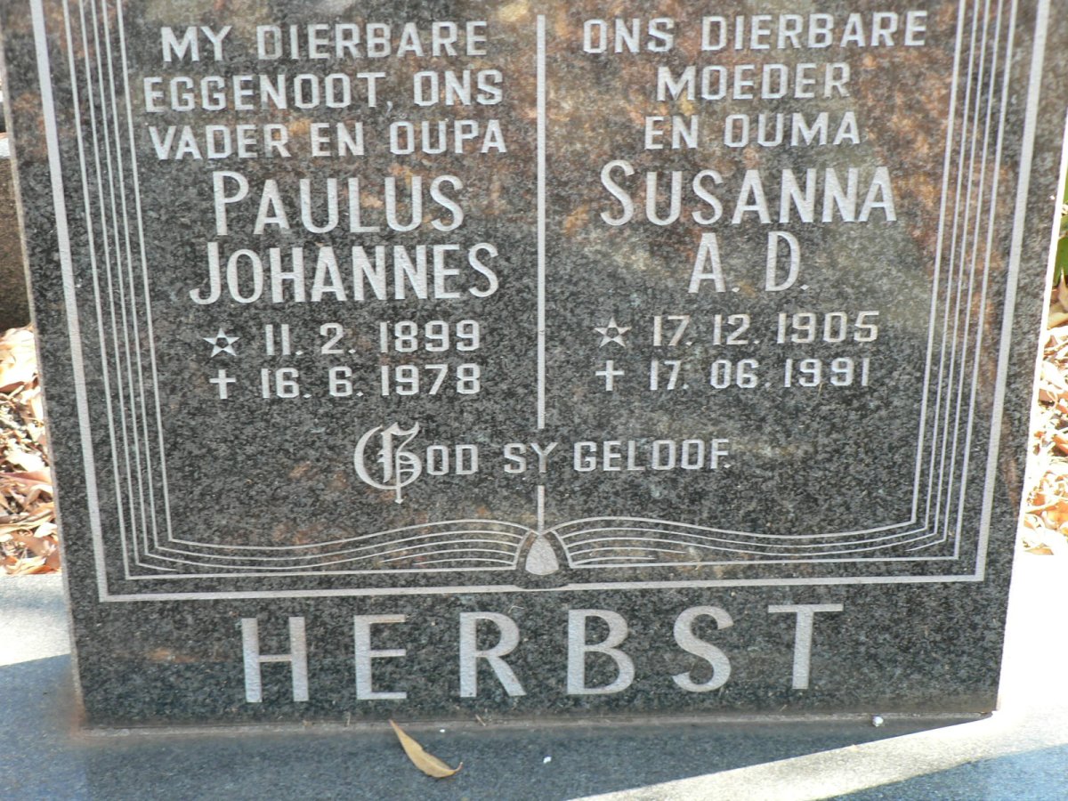 HERBST Paulus Johannes 1899-1978 &amp; Susanna  A.D. 1905-1991