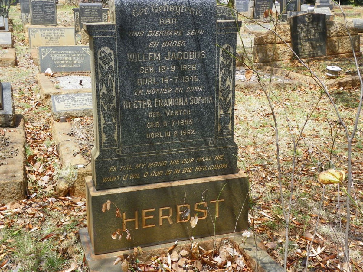 HERBST Hester Francina Sophia nee VENTER 1895-1962 :: HERBST Willem Jacobus 1926-1945