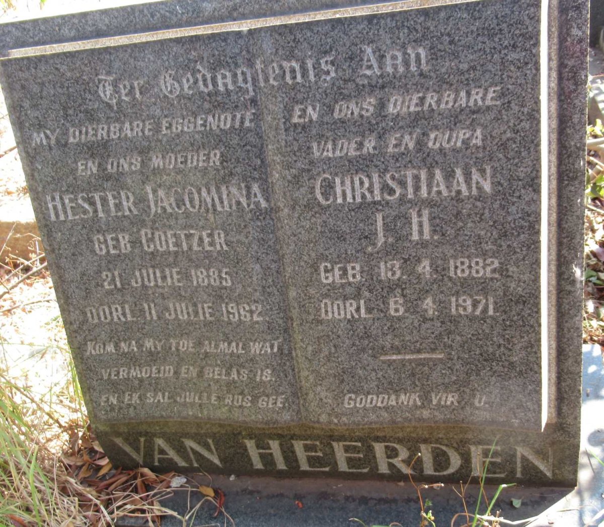 HEERDEN Christiaan J.H., van 1882-1971 &amp; Hester Jacomina COETZER 1885-1962