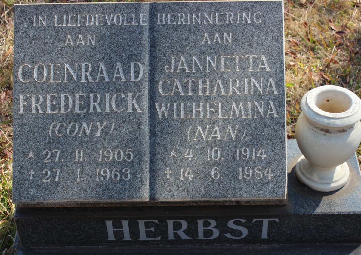 HERBST Coenraad Frederick 1905-1963 &amp; Jannetta Catharina Wilhelmina 1914-1984