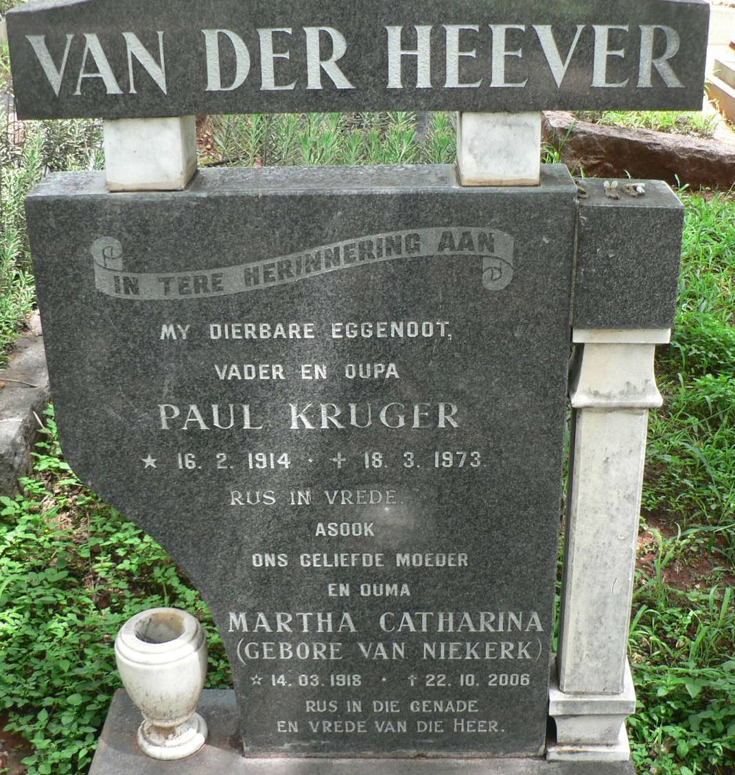 HEEVER Paul Kruger, van der 1914-1973 &amp; Martha Catharina VAN NIEKERK 1918-2006