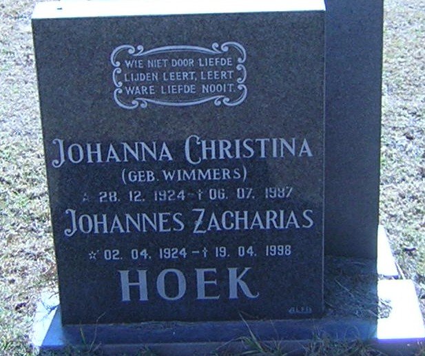 HOEK Johannes Zacharias 1924-1998 &amp; Johanna Christina WIMMERS 1924-1987