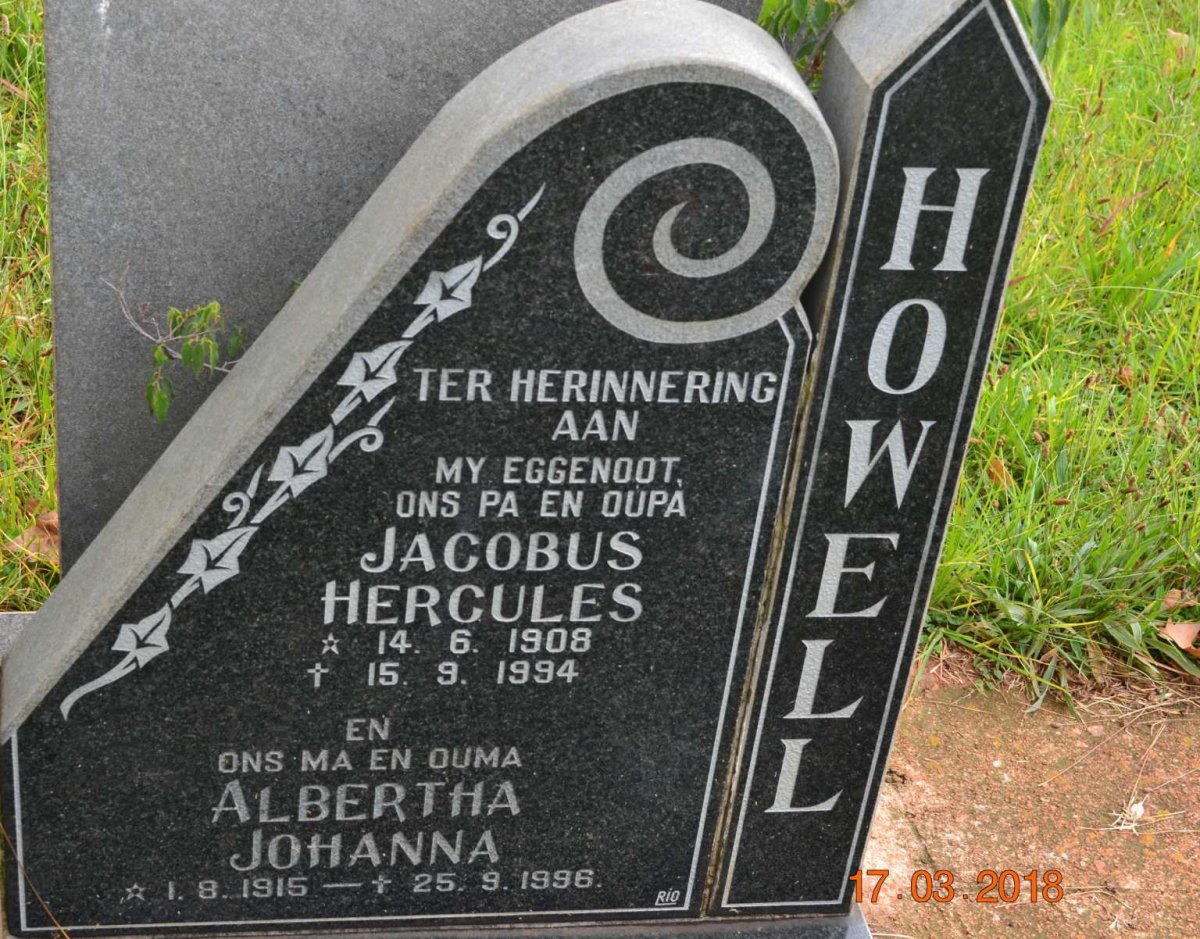 HOWELL Jacobus Hercules 1908-1994 &amp; Albertha Johanna 1915-1996