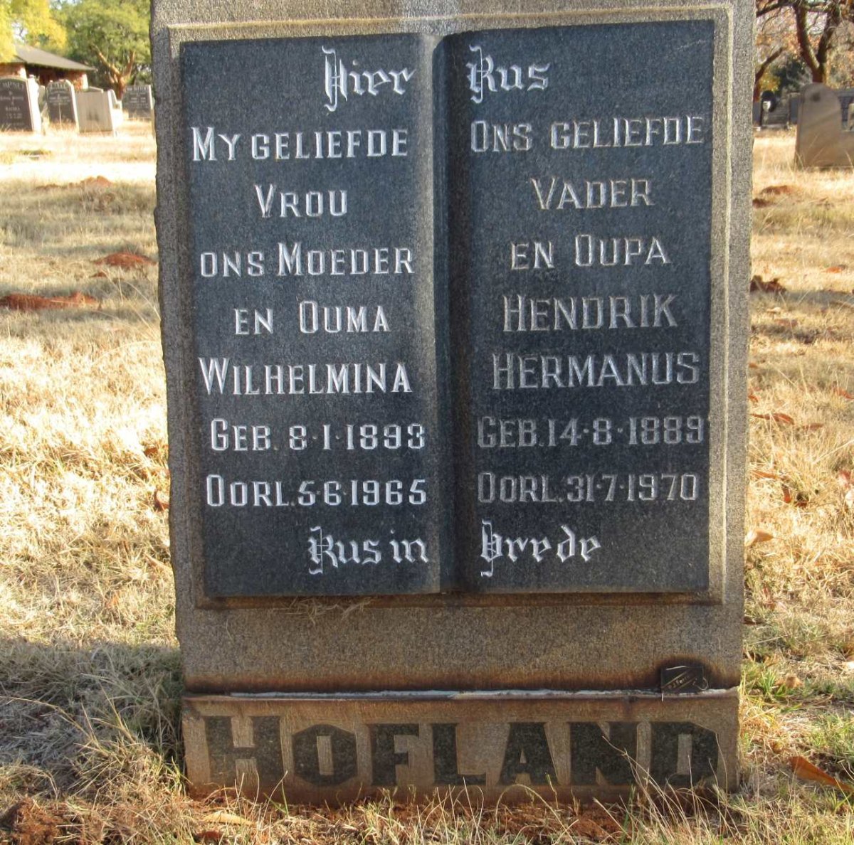 HOFLAND Hendrik Hermanus 1889-1970 &amp; Wilhelmina 1893-1965