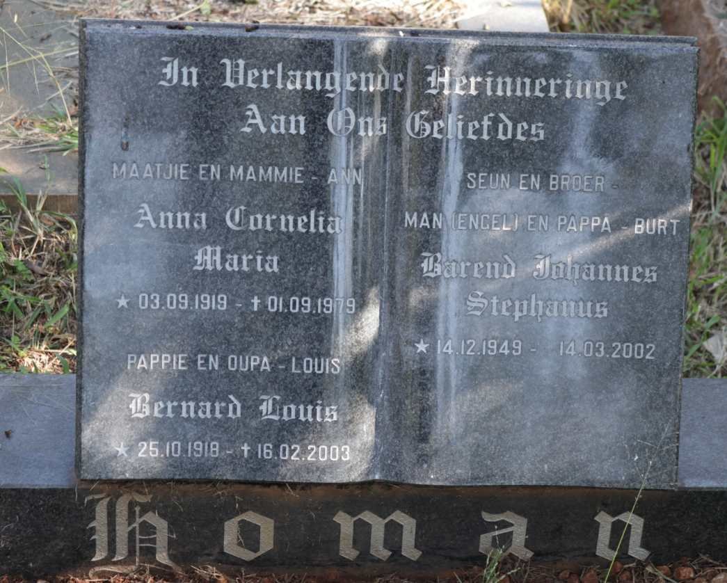 HOMAN Bernard Louis 1918-2003 &amp; Anna Cornelia Maria 1919-1979 :: HOMAN Barend Johannes Stephanus 1949-2002