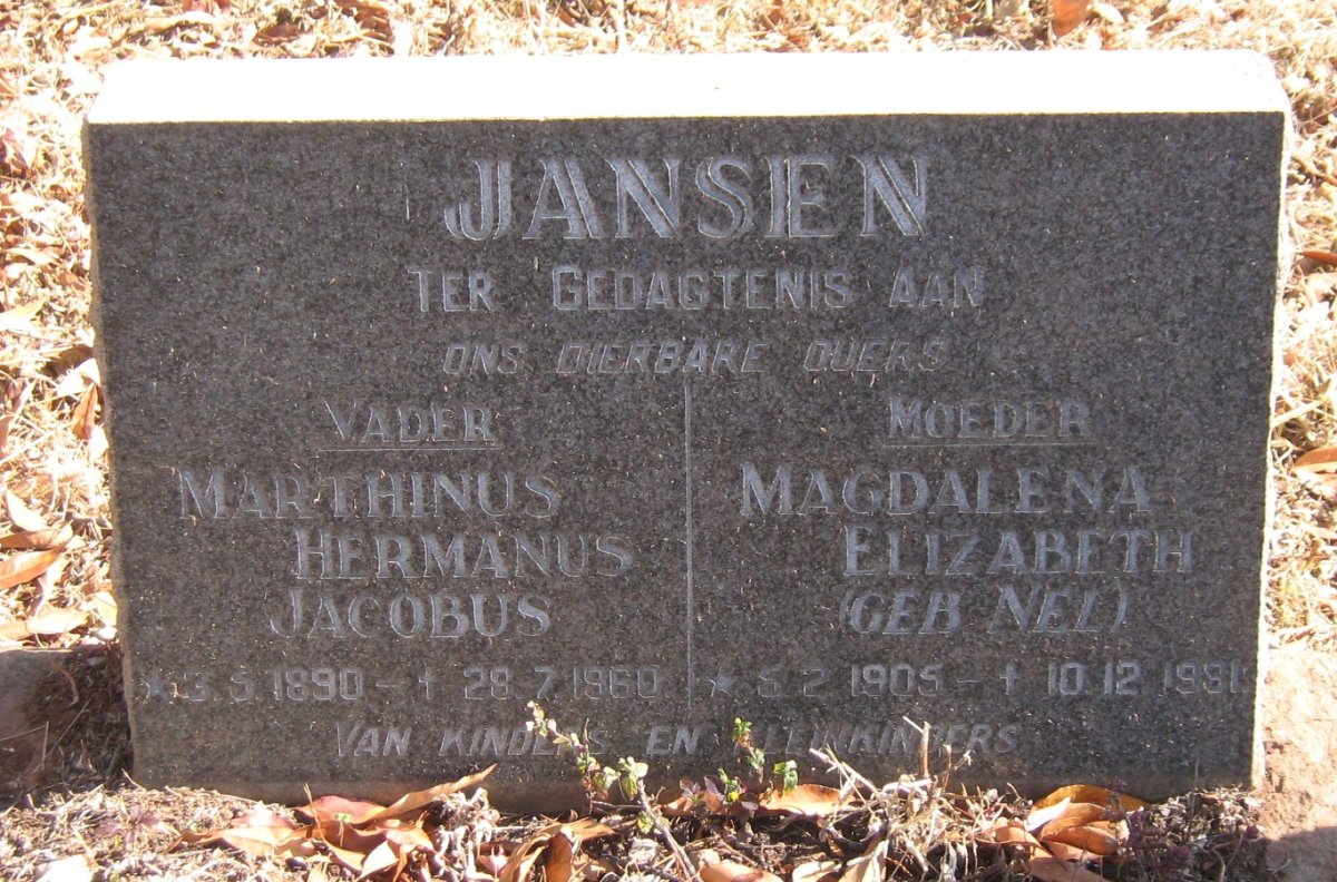 JANSEN Marthinus Hermanus Jacobus 1890-1960 &amp; Magdalena Elizabeth NEL 1905-1991