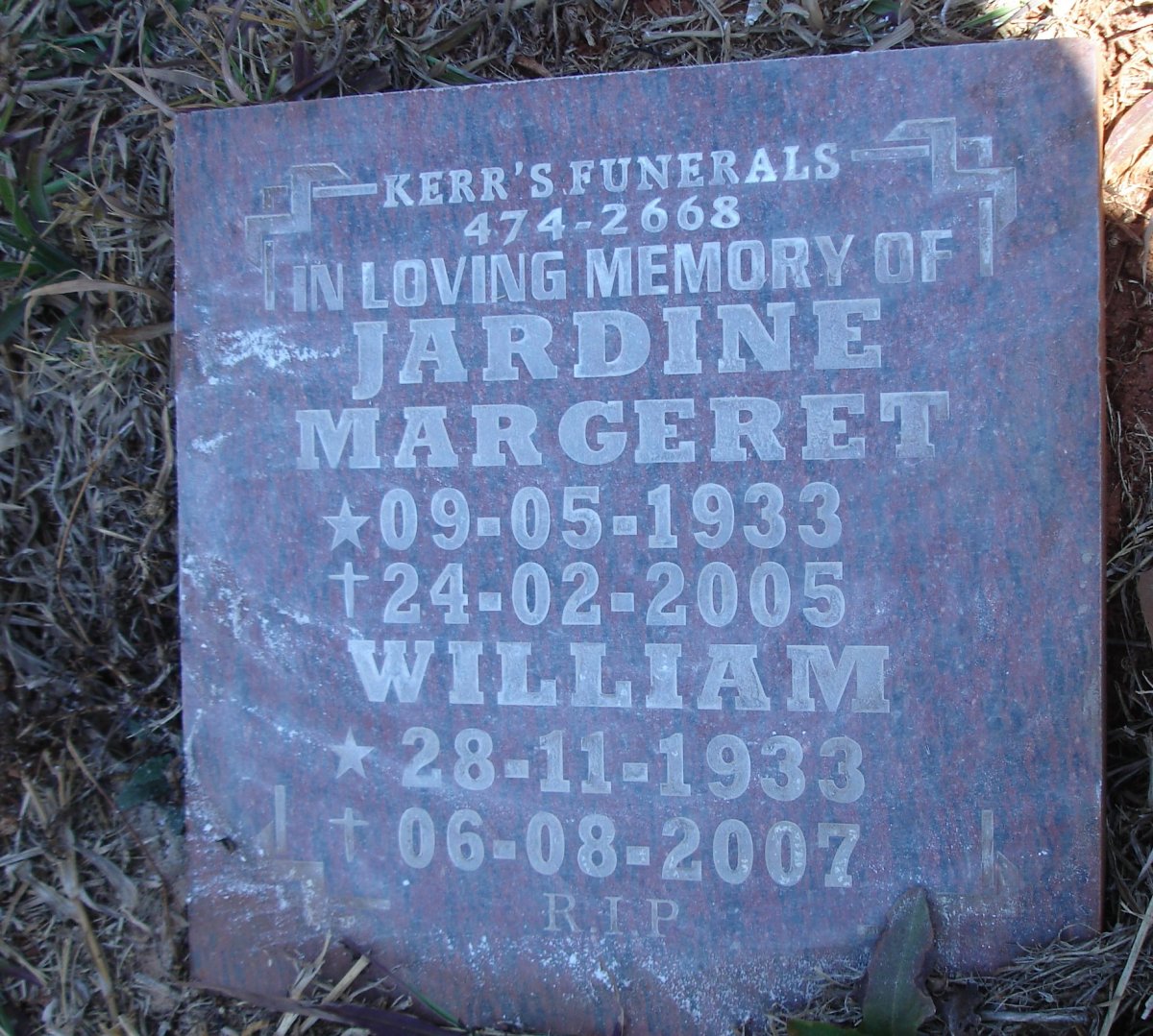 JARDINE William 1933-2007 &amp; Margeret 1933-2005