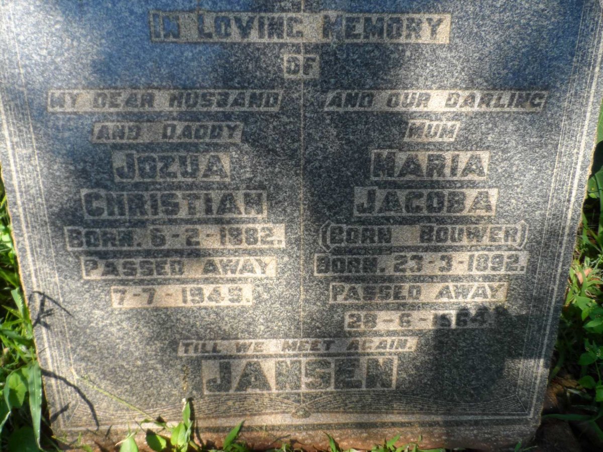 JANSEN Jozua Christian 1882-1945 &amp; Maria Jacoba BOUWER 1892-1964