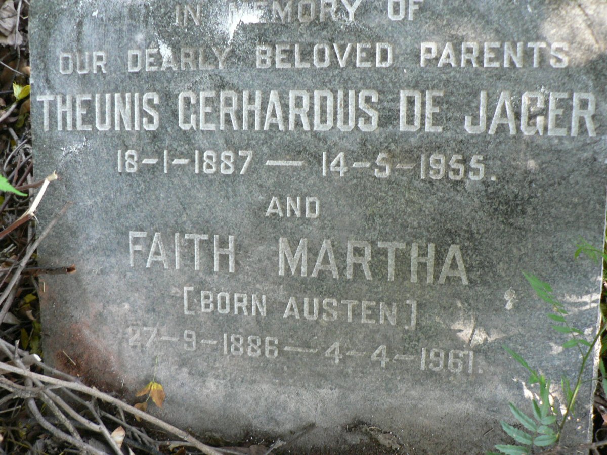JAGER Theunis Gerhardus, de 1887-1955 &amp; Faith Martha AUSTEN 1886-1961