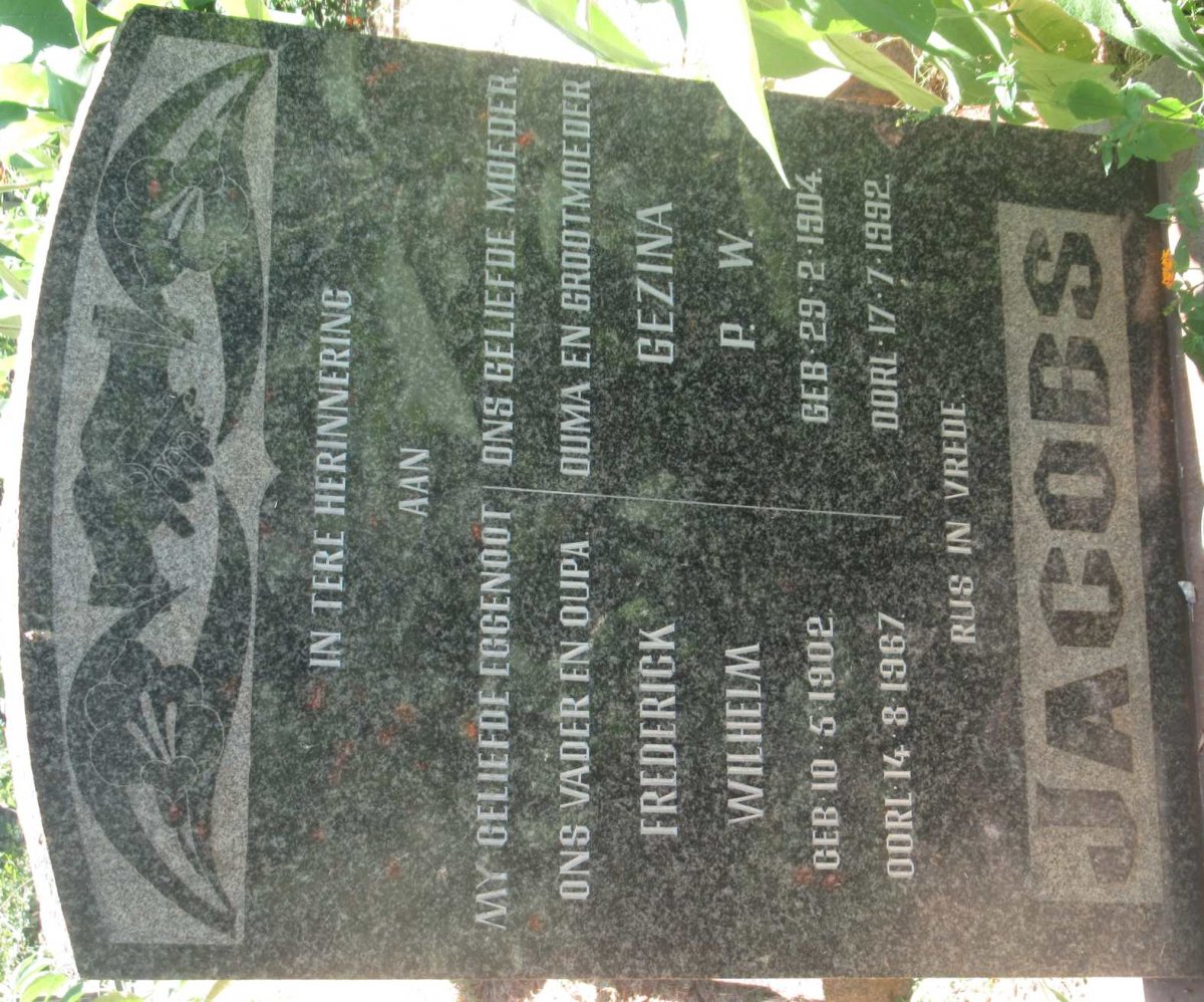 JACOBS Frederick Wilhelm 1902-1967 &amp; Gezina P.W. 1904-1992