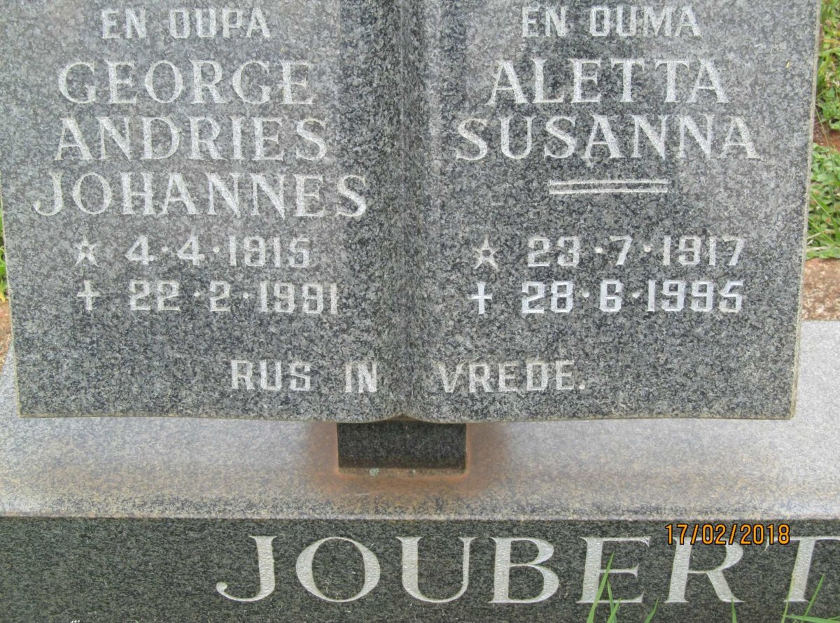 JOUBERT George Andries Johannes 1915-1991 &amp; Aletta Susanna 1917-1995