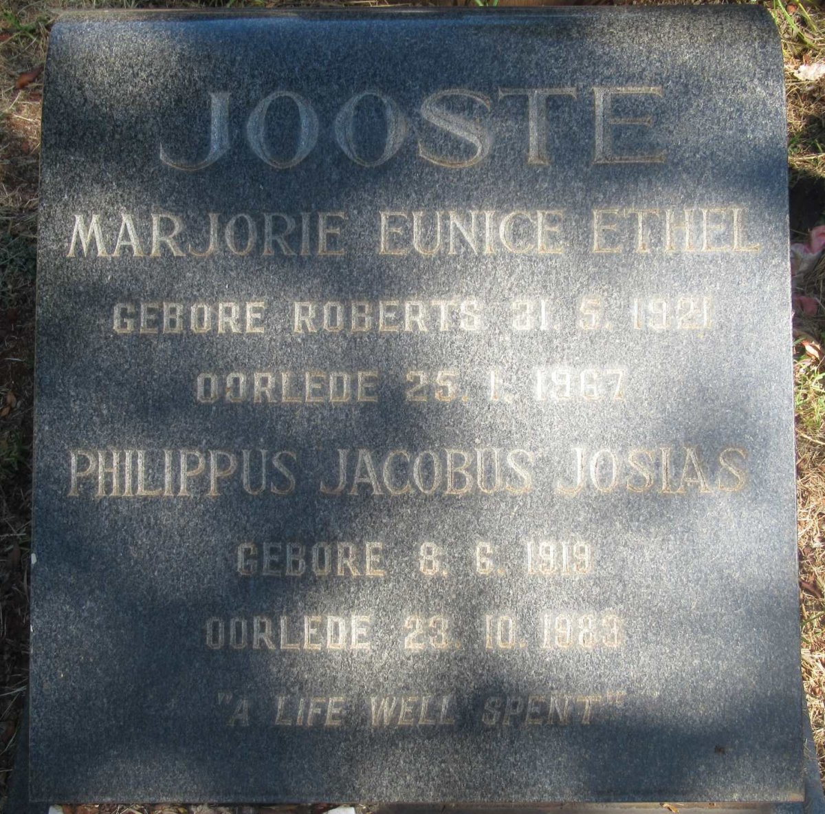 JOOSTE Philippus Jacobus Josias 1919-1983 &amp; Marjorie Eunice Ethel ROBERTS 1921-1967