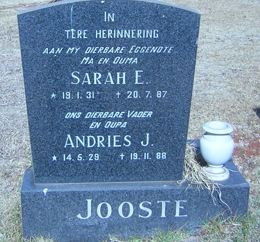 JOOSTE Andries J. 1929-1988 &amp; Sarah E. 1931-1987