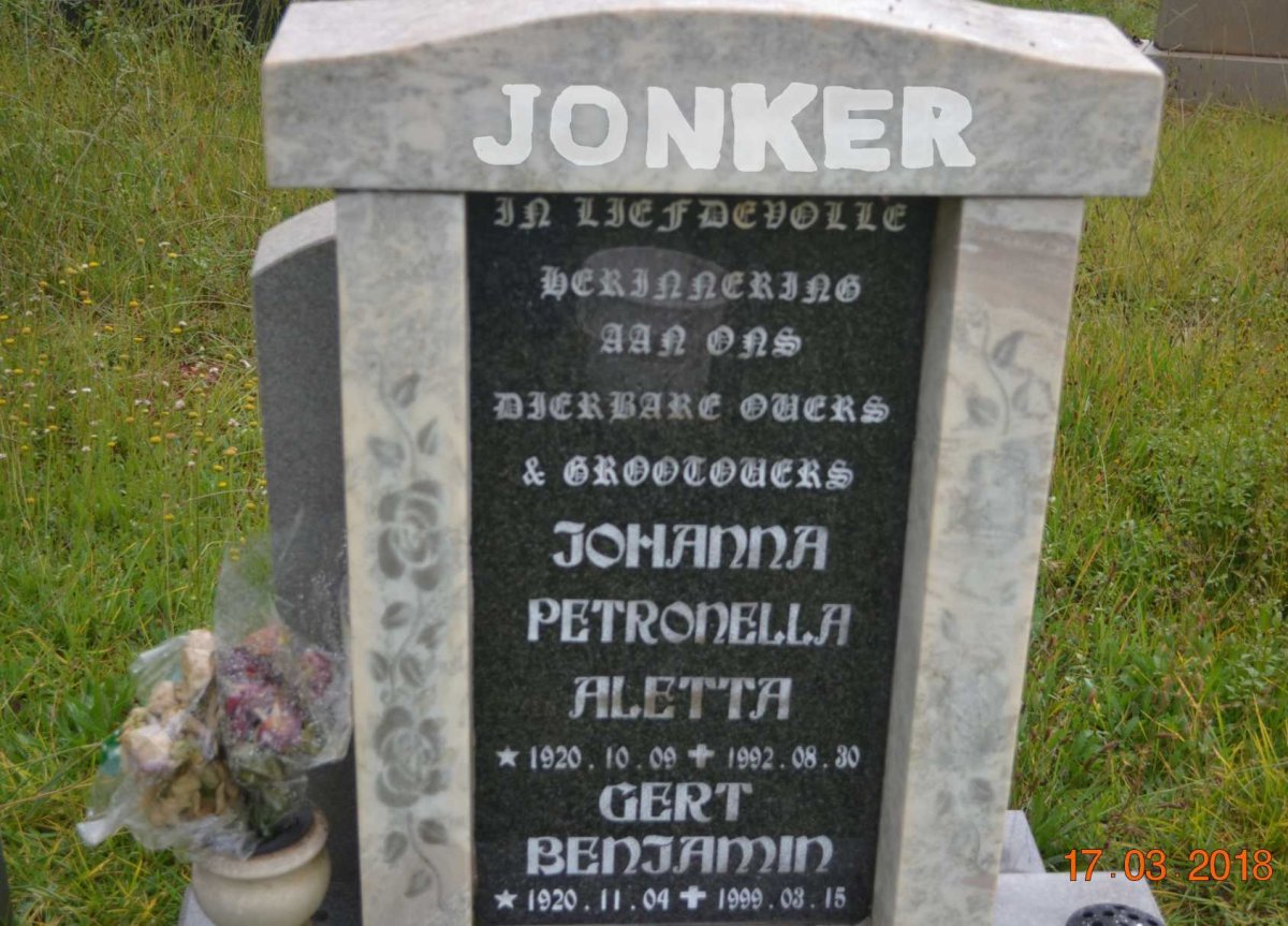 JONKER Gert Benjamin 1920-1999 &amp; Johanna Petronella Aletta 1920-1992