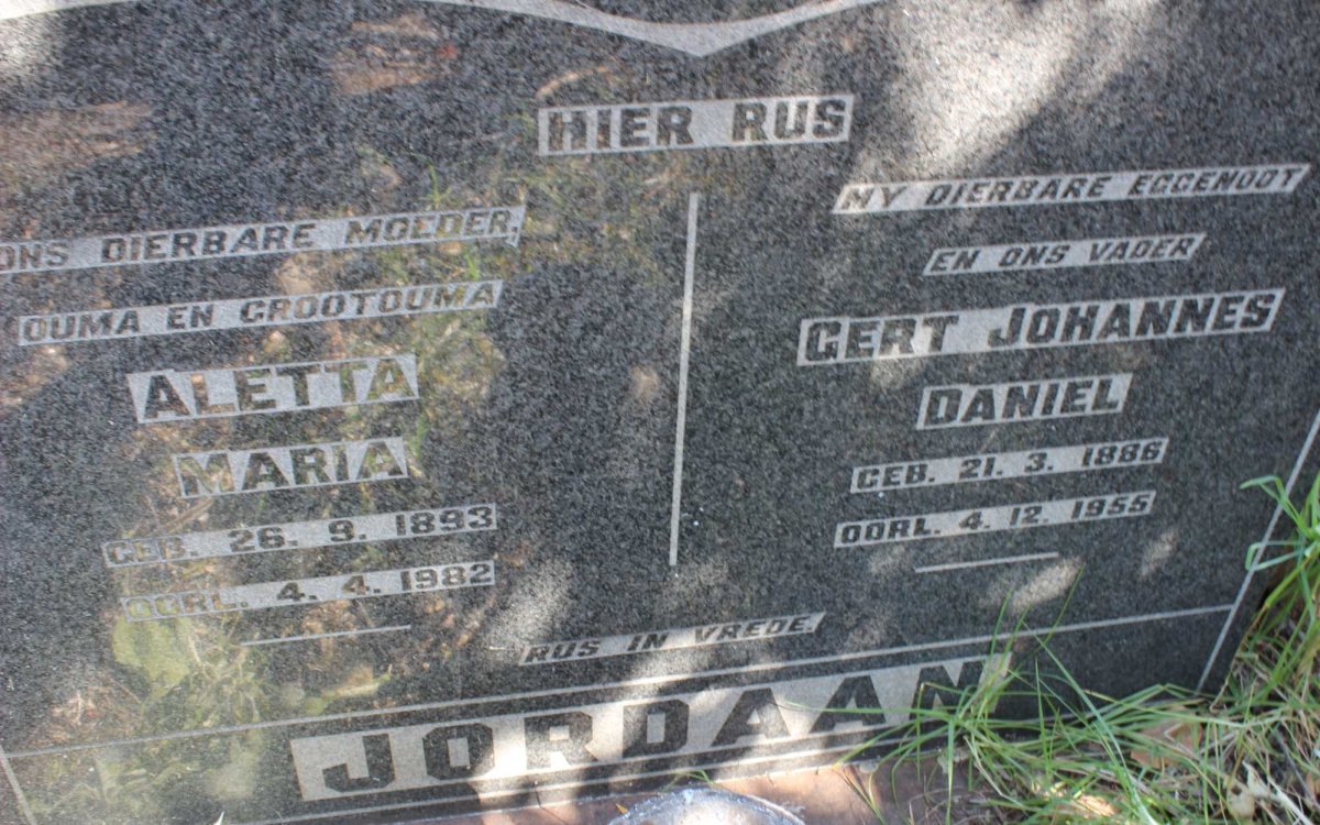 JORDAAN Gert Johannes Daniel 1886-1955 &amp; Aletta Maria 1893-1982