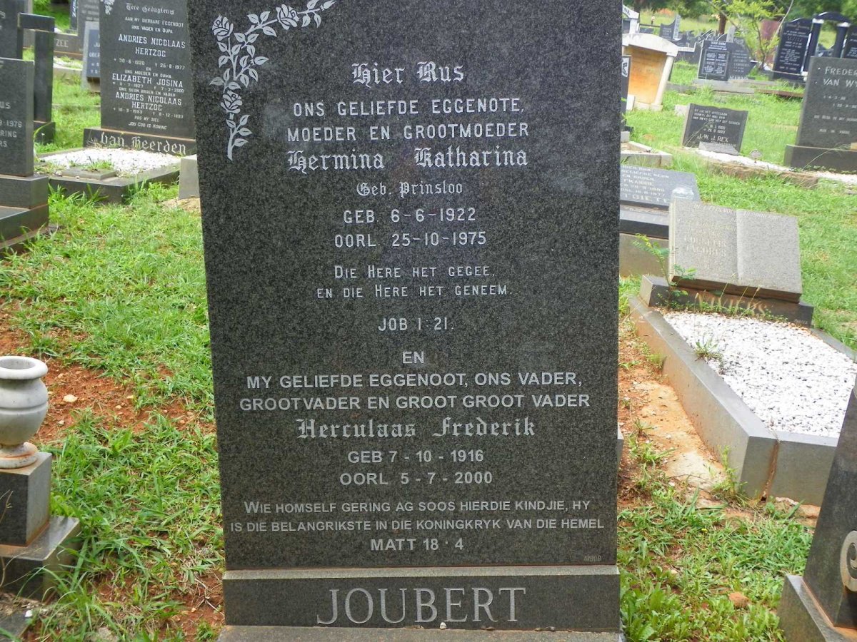 JOUBERT Herculaas Frederik 1916-2000 &amp; Hermina Katharina nee PRINSLOO 1922-1975
