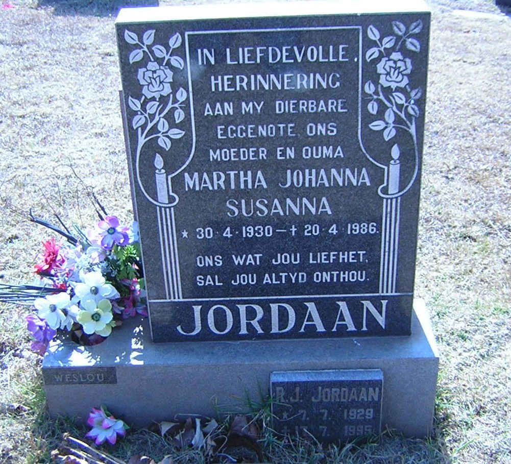 JORDAAN R.J. 1929-1995 &amp; Martha Johanna Susanna 1930-1986
