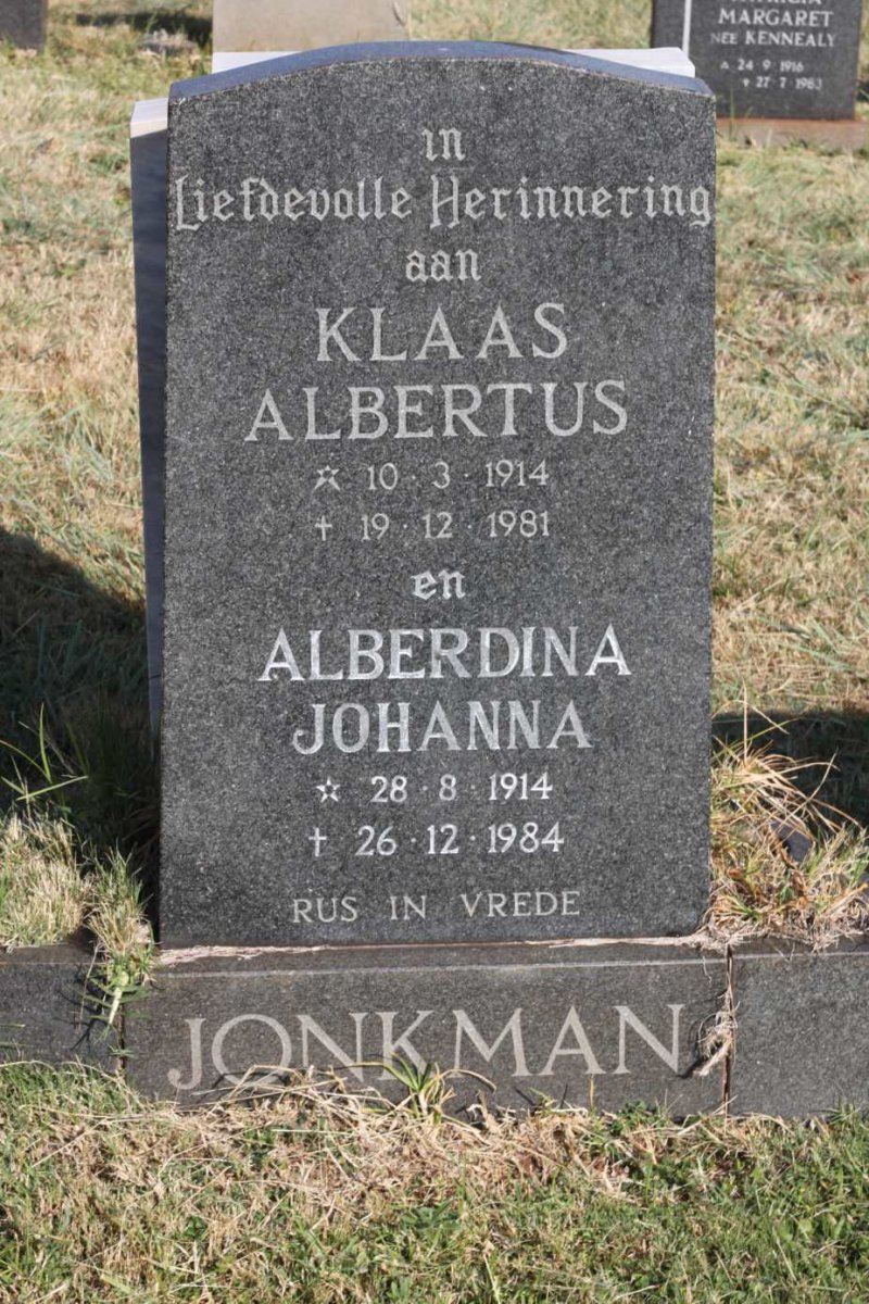 JONKMAN Klaas Albertus 1914-1981 &amp; Alberdina Johanna 1914-1984
