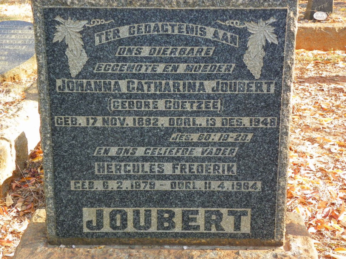 JOUBERT Hercules Frederik 1879-1964 &amp; Johanna Catharina COETZEE 1892-1948
