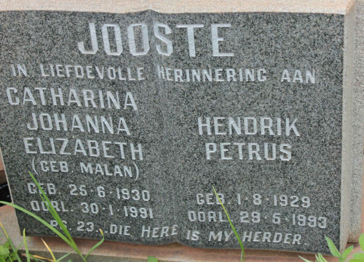 JOOSTE Hendrik Petrus 1929-1993 &amp; Catharina Johanna Elizabeth MALAN 1930-1991