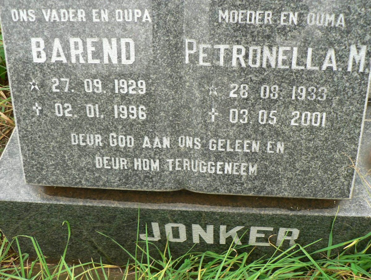 JONKER Barend 1929-1996 &amp; Petronella M. 1933-2001