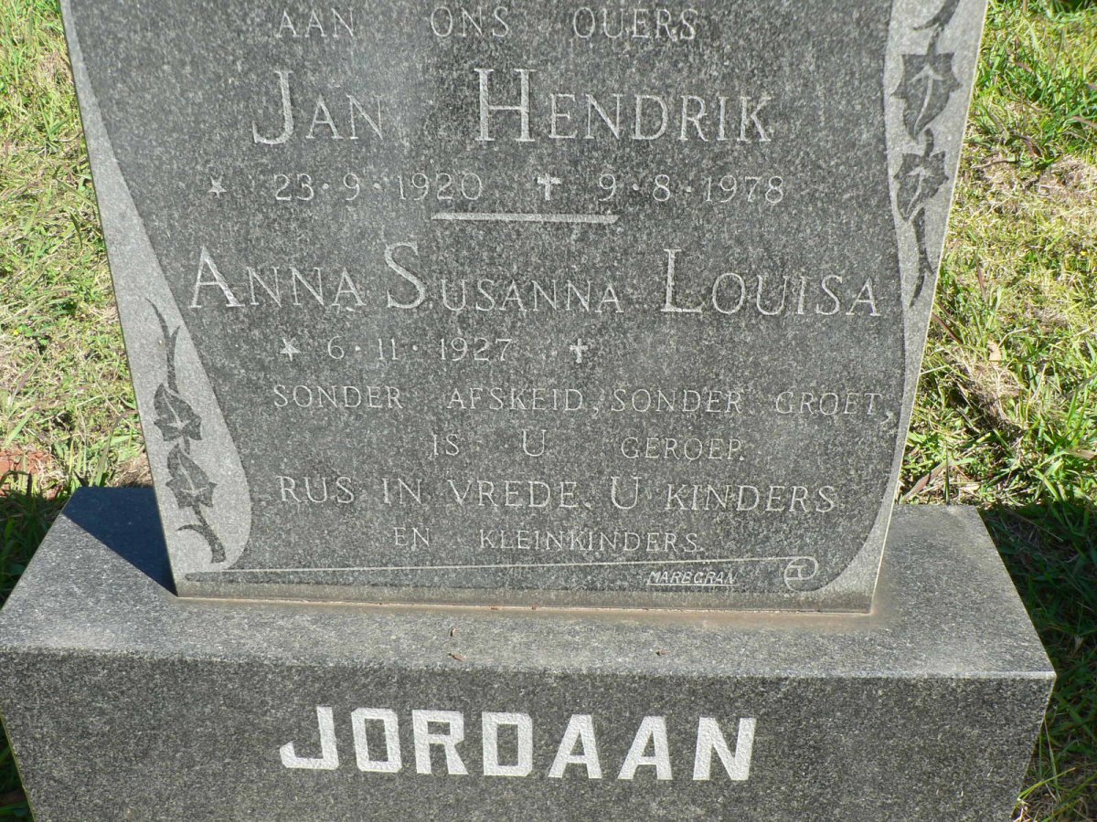 JORDAAN Jan Hendrik 1920-1978 &amp; Anna Susanna Louisa 1927-